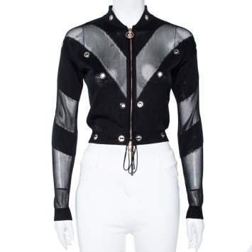 Pre Owned Versace Black & Gold Eyelet Detail Knit Zip Front Jacket S