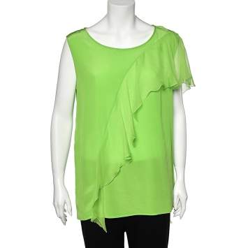 Pre Owned Versace Neon Green Silk Ruffled Sleeveless Top L