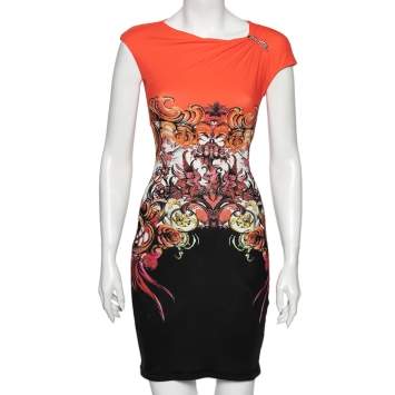 Pre Owned Versace Orange & Black Printed Jersey Sleeveless Short Dress S