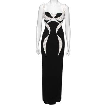 Pre Owned Versace Black Crepe Contrast Paneled Eyelet Studded Maxi Dress S