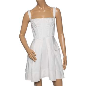 Pre Owned Versace Off White Cotton Dress Pleated Corset Dress S