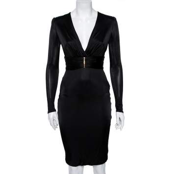 Pre Owned Versace Black Jersey Deep V-Neck Belted Dress S