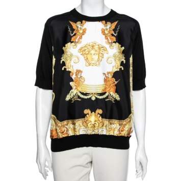 Pre Owned Versace Black Medusa Printed Silk Crew Neck Top L