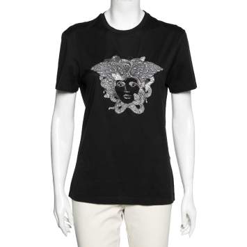 Pre Owned Versace Black Medusa Head Embroidered Cotton T-Shirt S