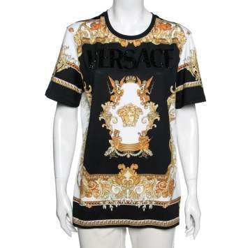 Pre Owned Versace Black & Gold Crystal Logo Medusa Renaissance Printed Cotton Top L
