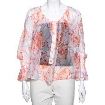 Pre Owned Versace Orange Rose Printed Silk Button Front Long Sleeve Blouse S