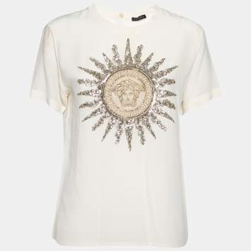 Pre Owned Versace Cream Silk Logo Embroidered and Embellished Blouse S
