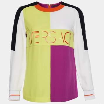 Pre Owned Versace Colorblock Crepe Logo Embossed Long Sleeve Blouse S