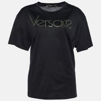 Pre Owned Versace Tribute Black Jersey Metallic Logo Print T-Shirt M
