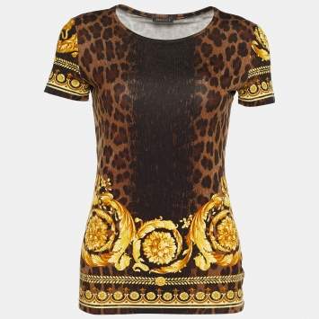 Pre Owned Versace Brown Animal Print Jersey Top M