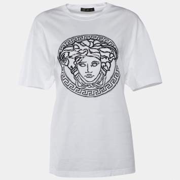 Pre Owned Versace White Jersey Medusa Sequined Round Neck T-Shirt XL