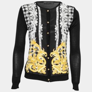 Pre Owned Versace Black Baroque Print Silk & Wool Button Front Cardigan S