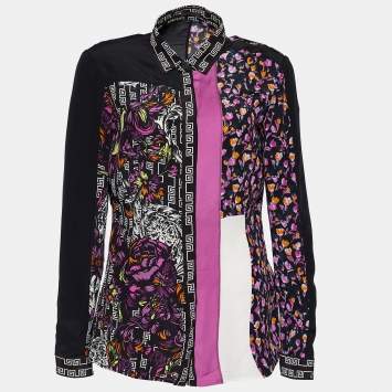 Pre Owned Versace Black & Pink Silk Floral Print Patched Blouse M