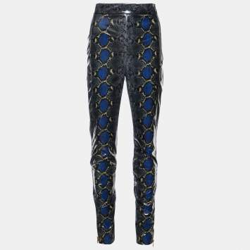 Pre Owned Versace Grey Snakeskin Print Coated Knit Leggings M
