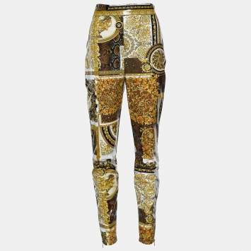 Pre Owned Versace Gold & Black Coated Knit Barocco Print Leggings M