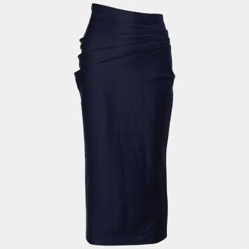 Pre Owned Versace Navy Blue Wool Pleated Detail Knee Length Skirt S