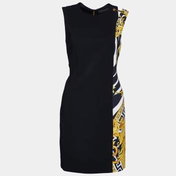 Pre Owned Versace Black Printed Crepe Paneled Sleeveless Shift Dress S