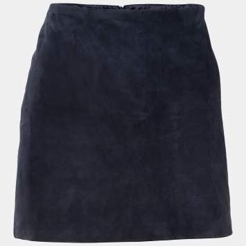 Pre Owned Versace Navy Blue Leather & Silk Paneled Mini Skirt M