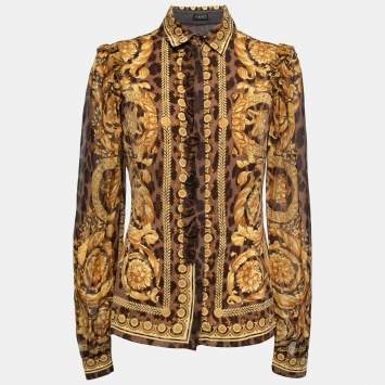 مملوكة مسبقًا Versace Brown Animal Printed Silk Ruffle Detail Shirt M