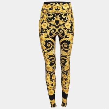 Pre Owned Versace Black & Gold Satin Baroque Print Leggings S