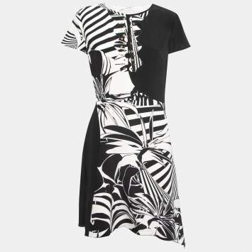 Pre Owned Versace Monochrome Printed Silk Crepe Dress M