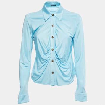 Pre Owned Versace Blue Jersey Ruched Button Front Top M