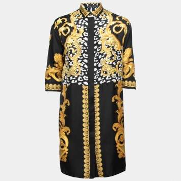 Pre Owned  Versace Black Baroque Printed Silk Shirt Dress S