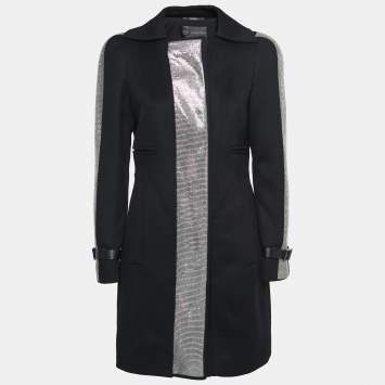 Pre Owned Versace Black Wool Embellished Mid-Length Coat S