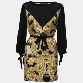 Pre Owned Versace Black Baroque Print Silk Long Sleeve Mini Dress S