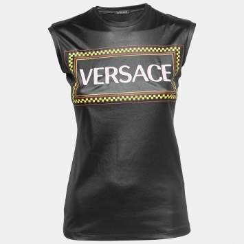 Pre Owned Versace Black Jersey Logo Print Sleeveless Top S