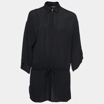 Pre Owned Versace Black Silk Button Front  Tie Detail Mini Shirt Dress M