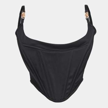 Pre Owned Versace Black Satin Medusa V-Structure Corset Crop Top L