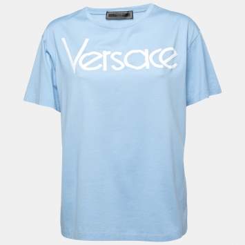 Pre Owned Versace Tribute Blue Logo Embroidered Cotton Half Sleeve T-Shirt M