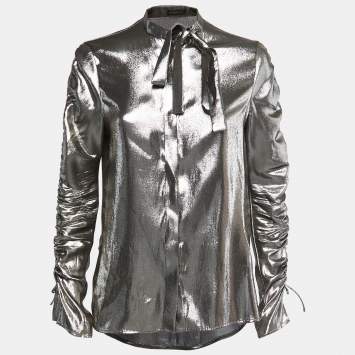 Pre Owned Versace Metallic Lurex Silk Blend Ruched Sleeve Neck Tie Detailed Shirt Blouse S