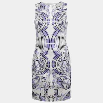 Pre Owned Versace White & Lilac Printed Cotton Sleeveless Sheath Dress M