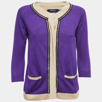Pre Owned Versace Purple Silk Knit Contrast Trim Button Front Cardigan L