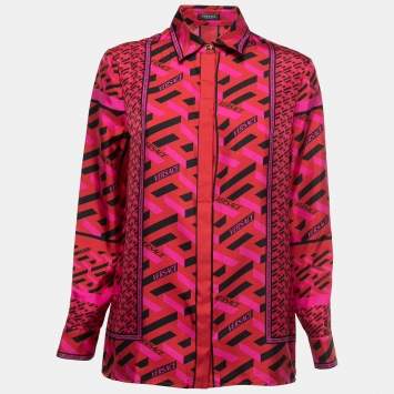 Pre Owned Versace Red/Pink Abstract Print Silk Button Front Full Sleeve Shirt S