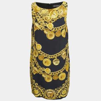 Pre Owned Versace Black/Gold Baroque Chain Printed Crepe Shift Dress M
