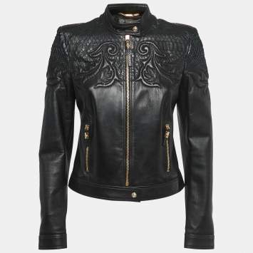 Pre Owned Versace Black Leather & Python Zip Front Biker Jacket S