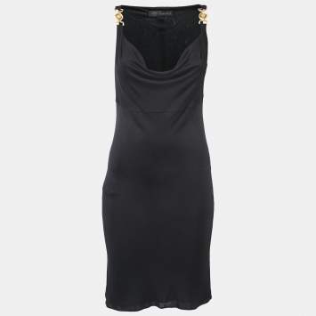 Pre Owned Versace Black Jersey Cowl Neck Sleeveless Flared Short Dress M
