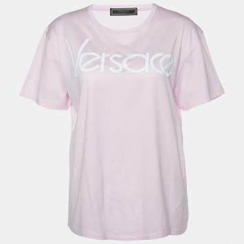 Pre Owned Versace Tribute Pink Logo Embroidered Cotton Knit T-Shirt S