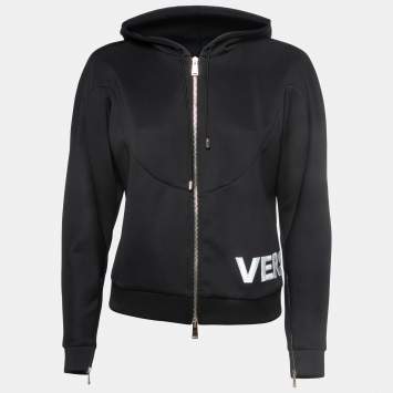 Pre Owned Versace Black Logo Embroidered Jersey Zip Front Hooded Jacket S