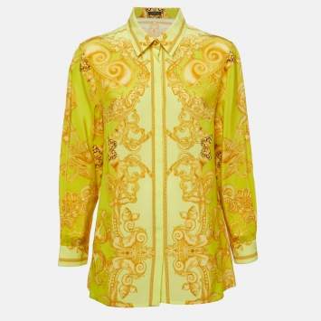Pre Owned Versace Yellow All-Over Print Silk Button Front Full Sleeve Shirt L