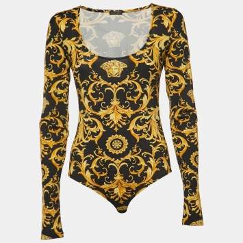 Pre Owned Versace Black Medusa Renaissance Print Stretch Knit Full Sleeve Bodysuit S