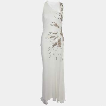 Pre Owned Versace White Embellished Silk Sleeveless Slit Detail Gown M