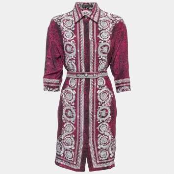Pre Owned Versace Pink Snake & Baroque Print Silk Belted Sheath Dress M