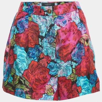 Pre Owned Versace Multicolor Rose Printed Silk Shorts M