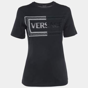Pre Owned Versace Black Embellished Logo Cotton Jersey T-Shirt XS