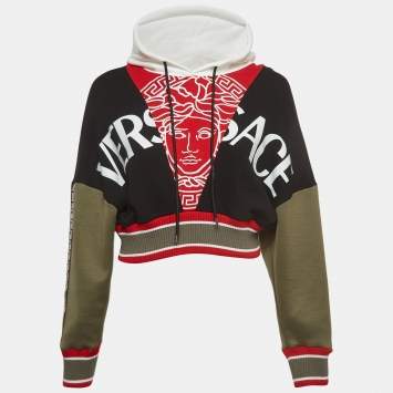 Pre Owned Versace Multicolor Logo Print Cotton-Blend Cropped Hoodie XS
