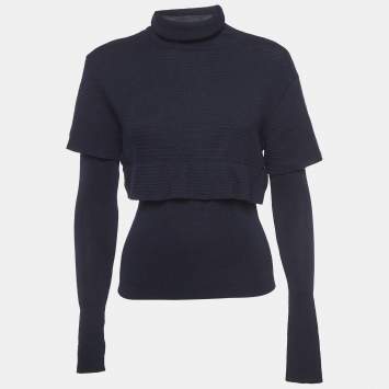 Pre Owned Versace Navy Blue Wool Knit Turtle Neck Long Sleeve Top M